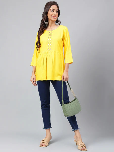 Yellow Rayon Yoke Embroidery Regular Kurta