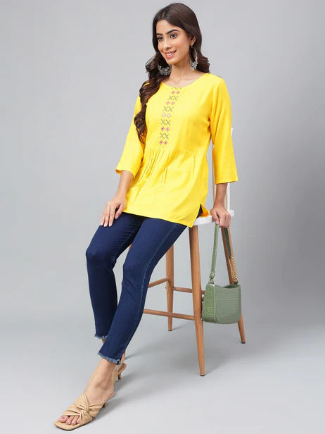 Yellow Rayon Yoke Embroidery Regular Kurta