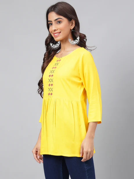 Yellow Rayon Yoke Embroidery Regular Kurta