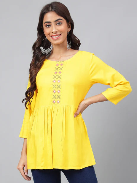 Yellow Rayon Yoke Embroidery Regular Kurta