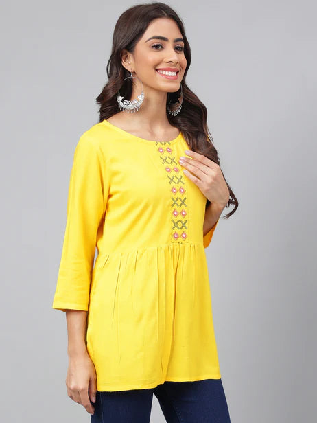 Yellow Rayon Yoke Embroidery Regular Kurta