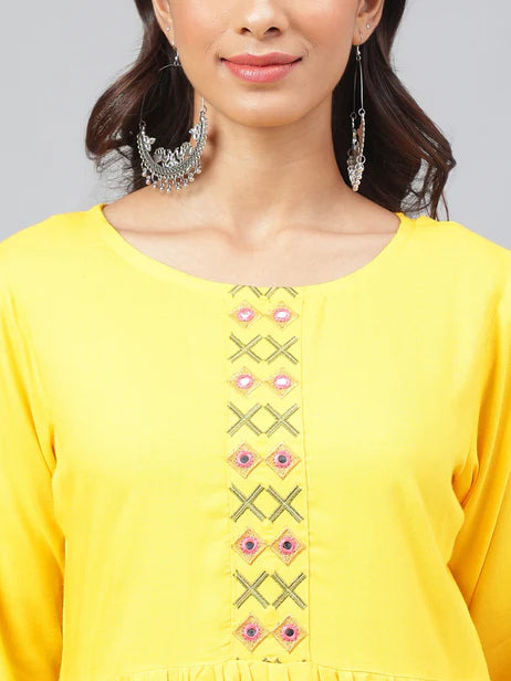 Yellow Rayon Yoke Embroidery Regular Kurta