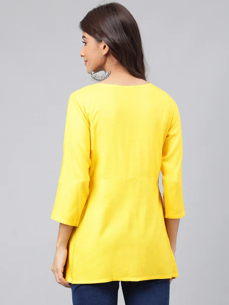 Yellow Rayon Yoke Embroidery Regular Kurta