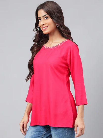 Dark Pink Rayon Solid Regular Kurta