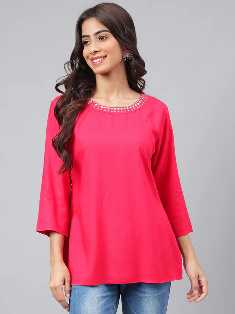 Dark Pink Rayon Solid Regular Kurta