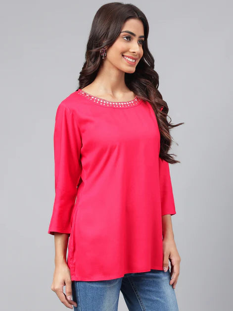 Dark Pink Rayon Solid Regular Kurta