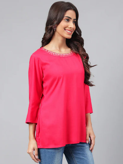 Dark Pink Rayon Solid Regular Kurta