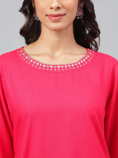 Dark Pink Rayon Solid Regular Kurta