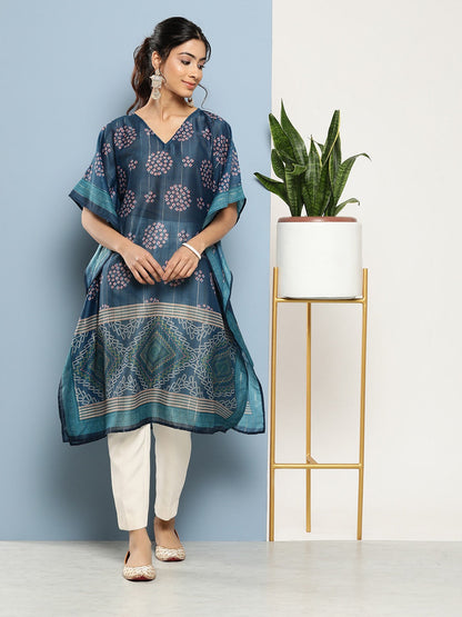 Bandhani Blue Printed Kaftan Kurta-Yufta Store-1211KFTBLS