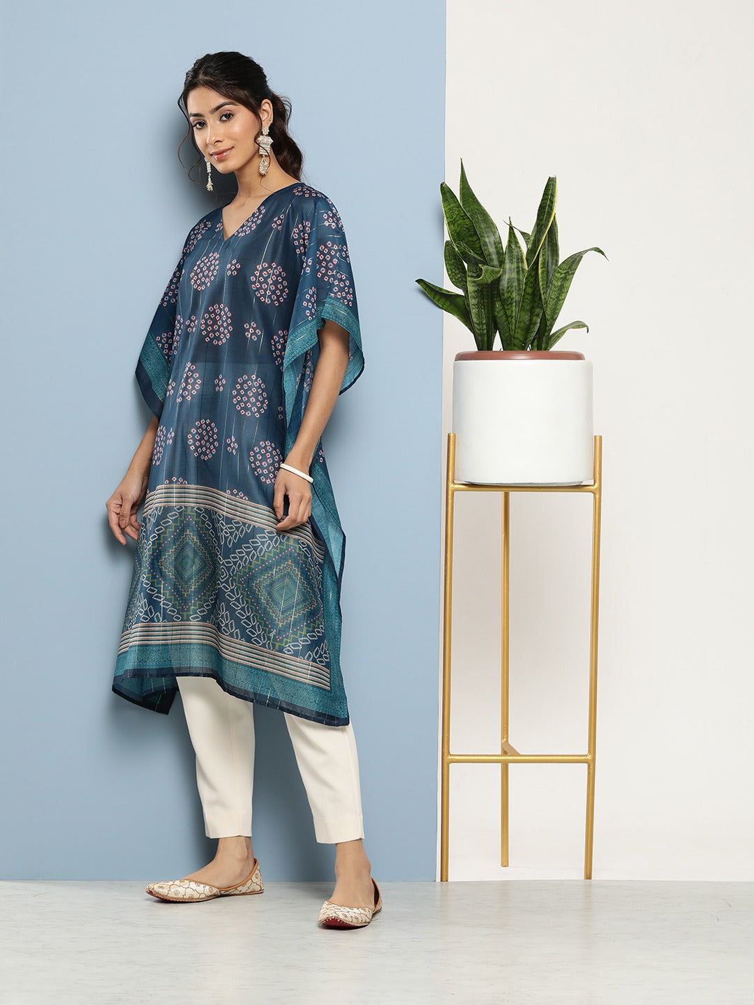 Bandhani Blue Printed Kaftan Kurta-Yufta Store-1211KFTBLS