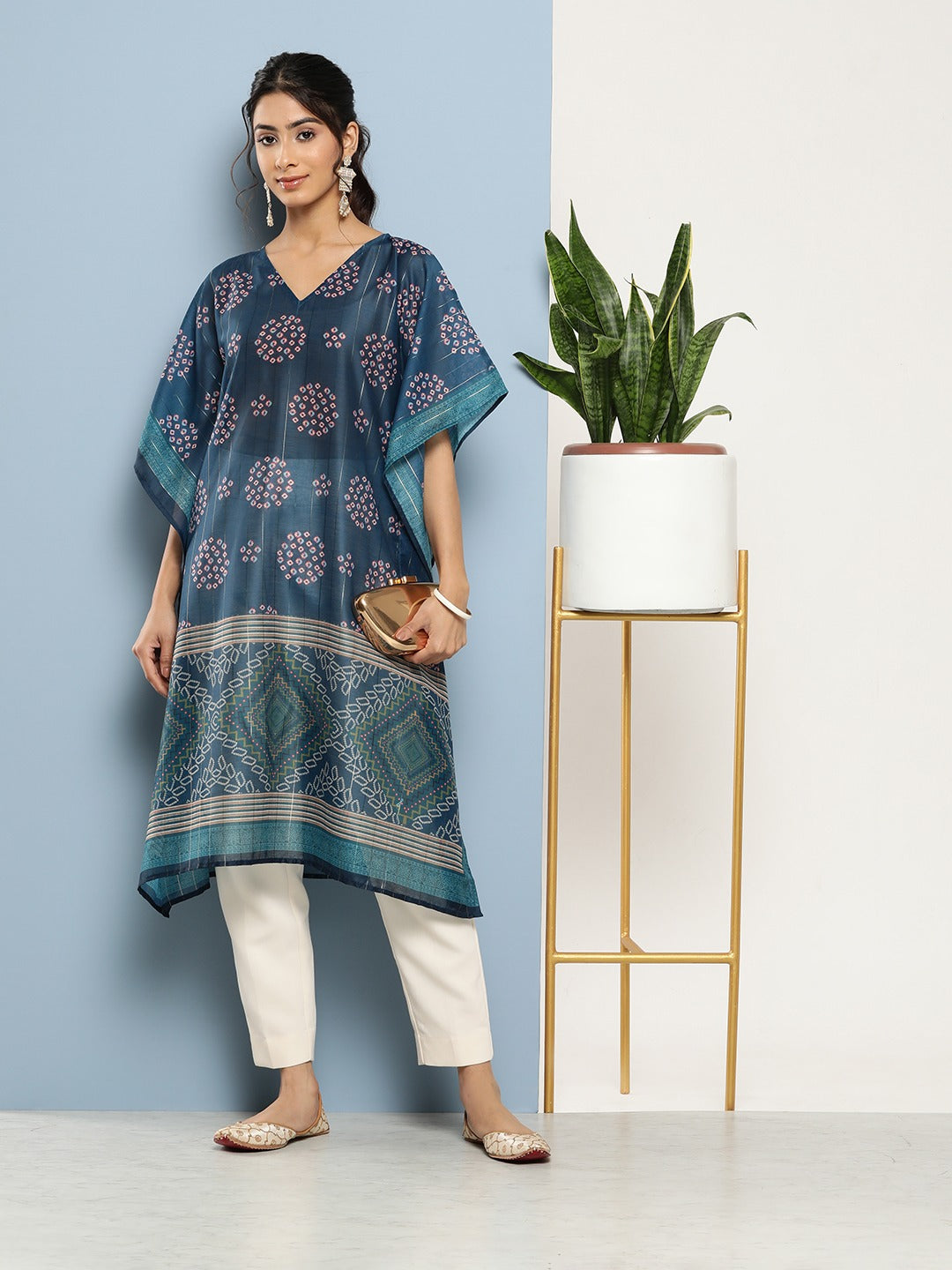 Bandhani Blue Printed Kaftan Kurta-Yufta Store-1211KFTBLS