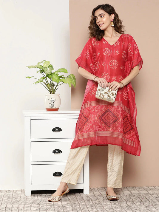 Bandhani Red Printed Kaftan Kurta-Yufta Store-1211KFTRDS