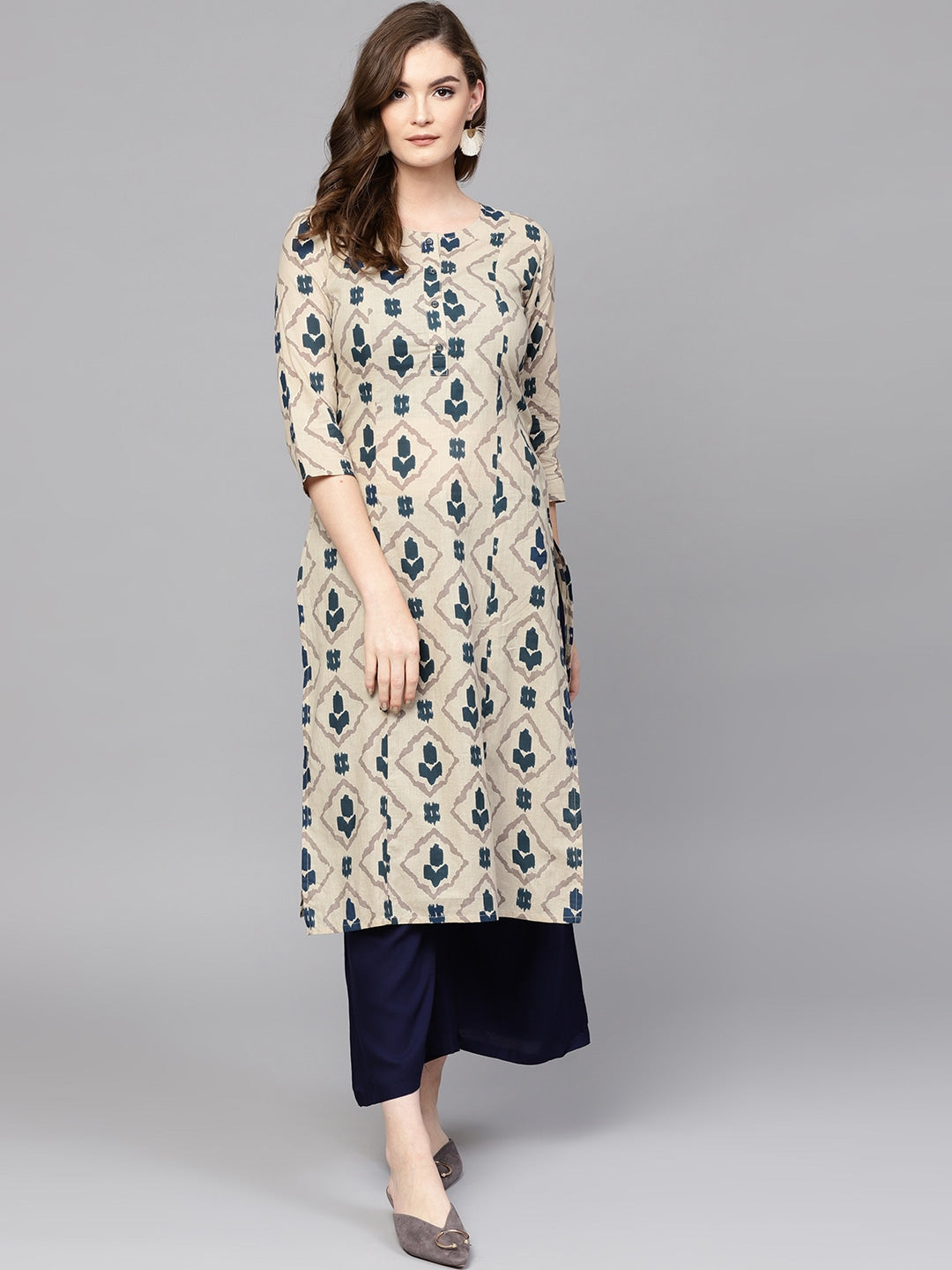 Beige & Blue Printed Kurta Set-Yufta Store-DBPWSET1555S