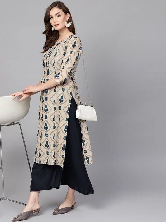 Beige & Blue Printed Kurta Set-Yufta Store-DBPWSET1555S