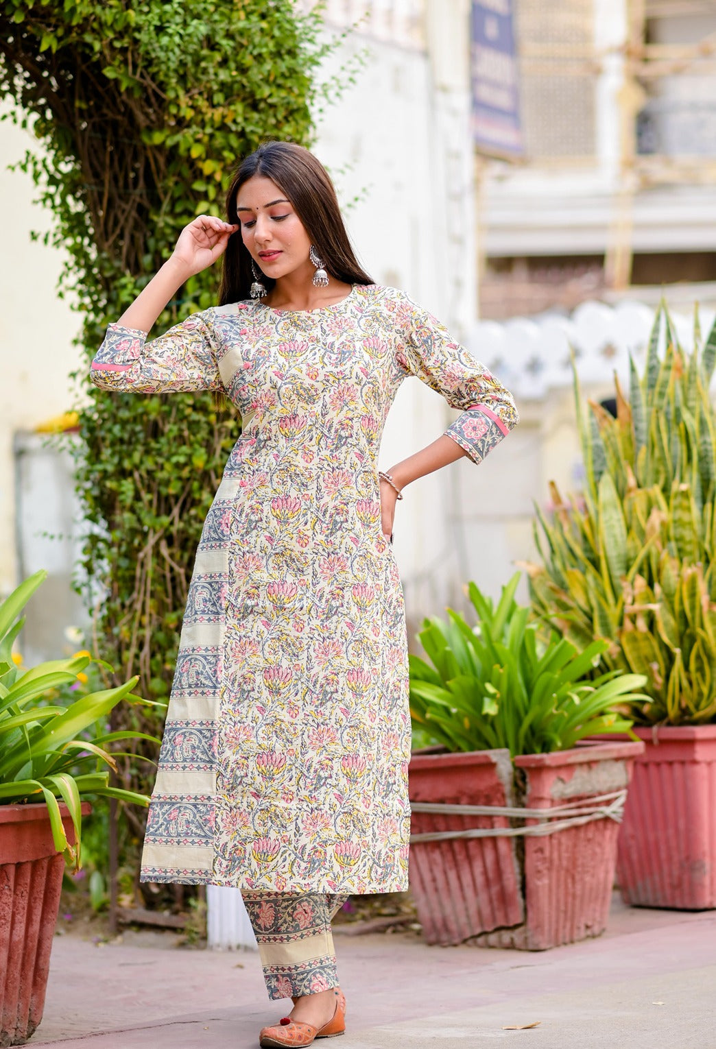 Beige & Grey Printed Kurta Set-Yufta Store-YUFPJSET859S