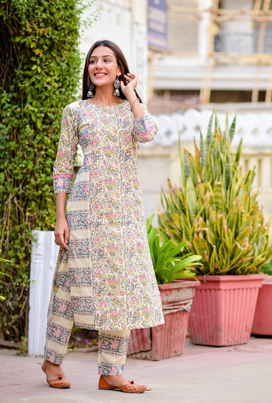 Beige & Grey Printed Kurta Set-Yufta Store-YUFPJSET859S