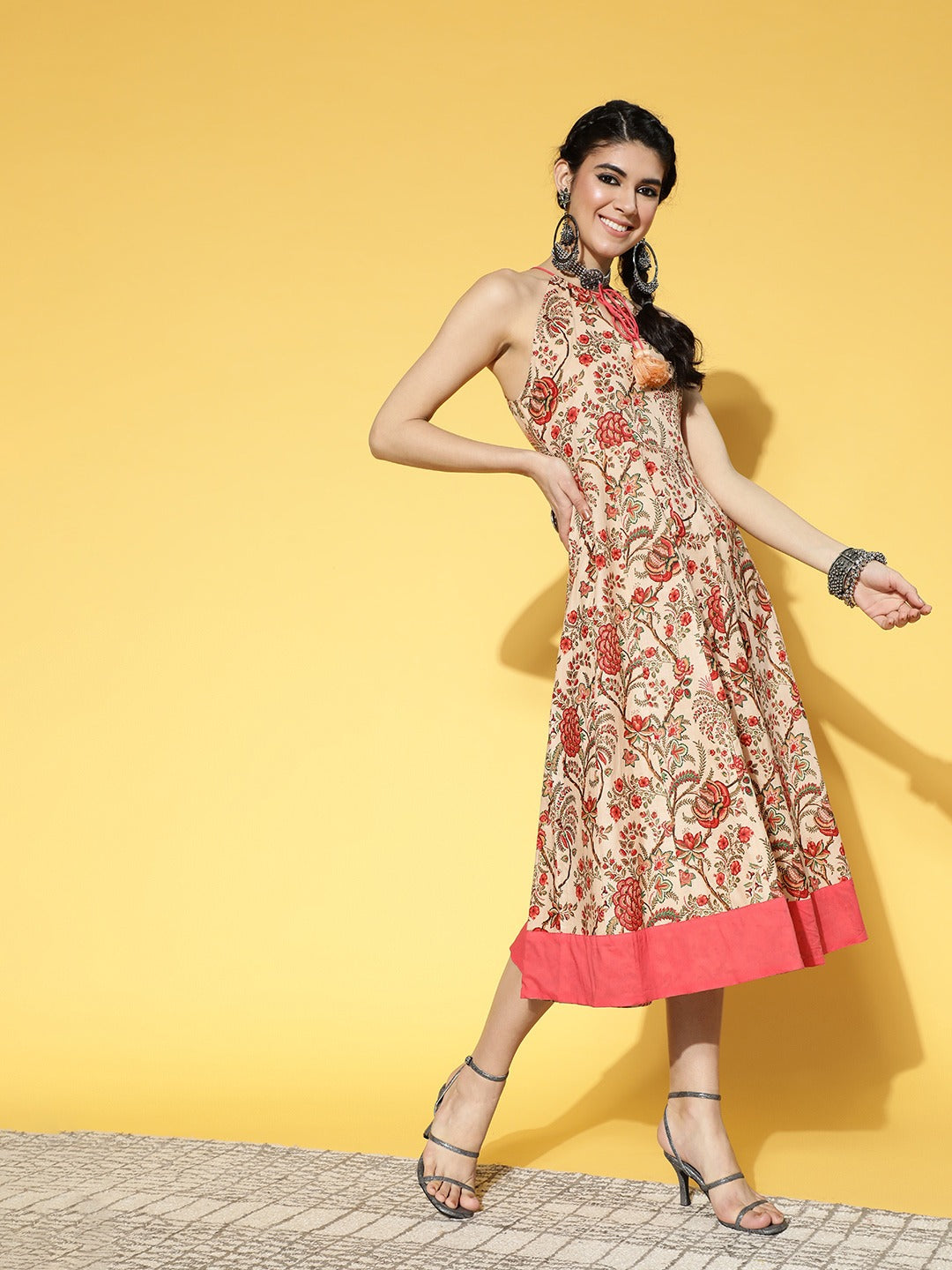 Beige & Pink Mugal Jaal Dress-Yufta Store-9573DRSBGS