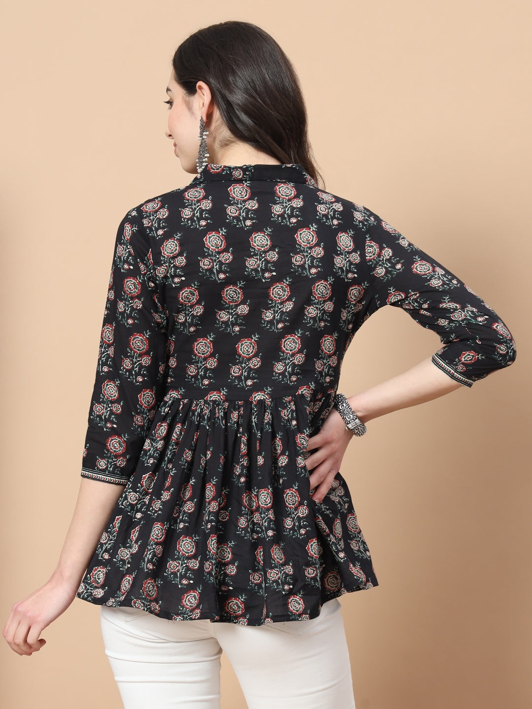 Black Cotton Floral Print Peplum Top-Yufta Store-9719TOPBKXS