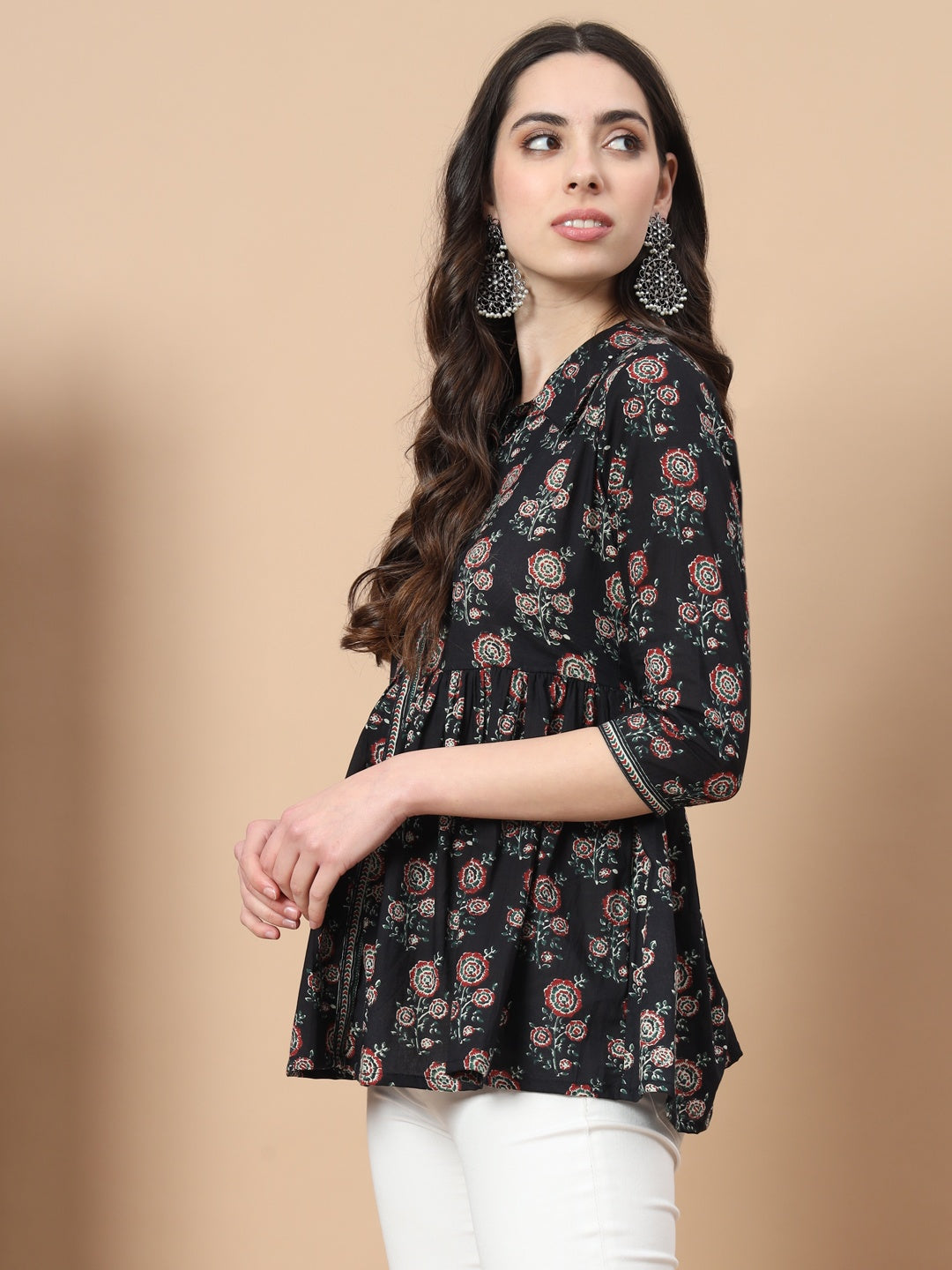 Black Cotton Floral Print Peplum Top-Yufta Store-9719TOPBKXS