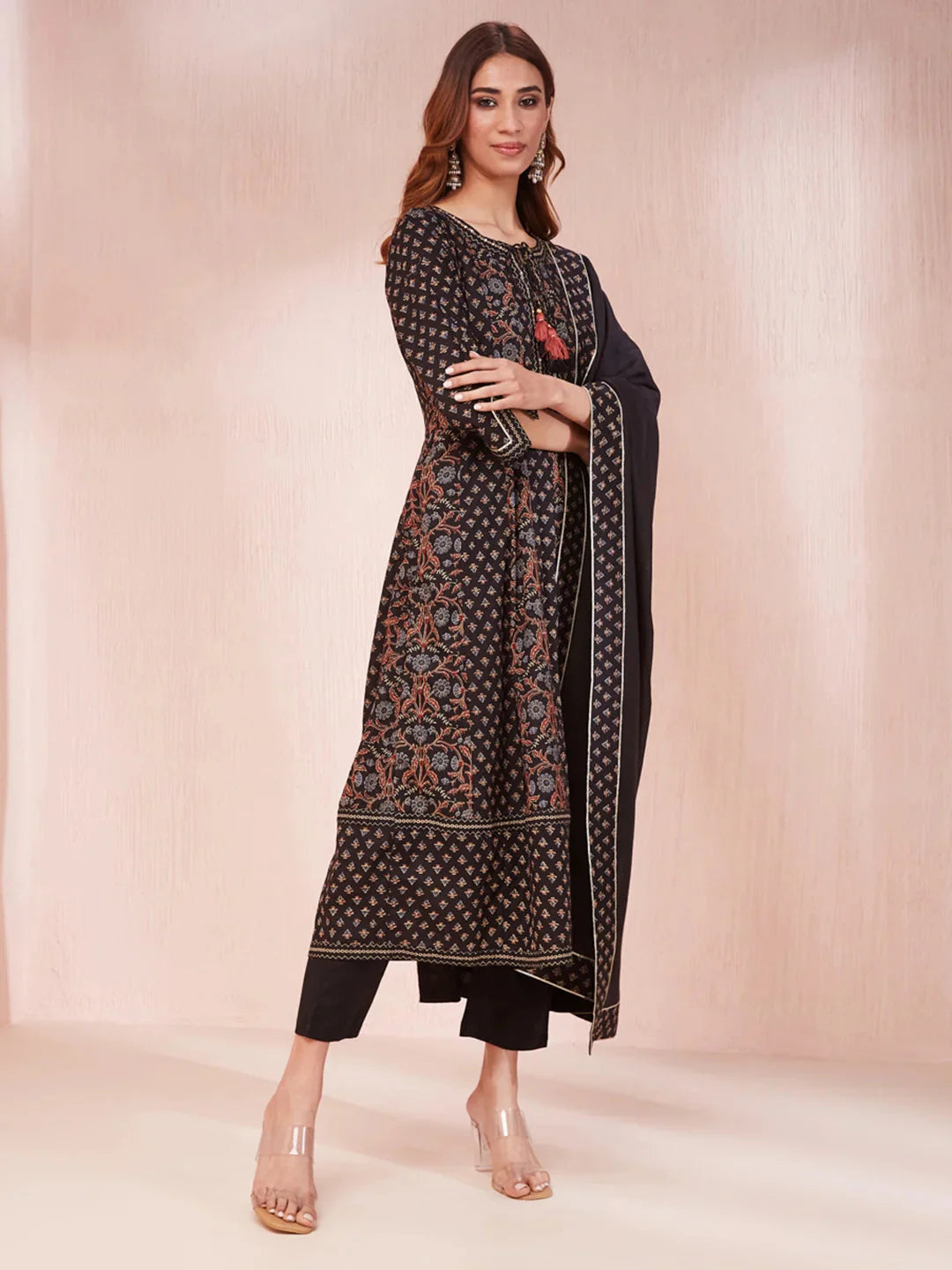 Black Ethnic Motifs Anarkali Kurta Trouser And Dupatta Set-Yufta Store-1955SKDBKS