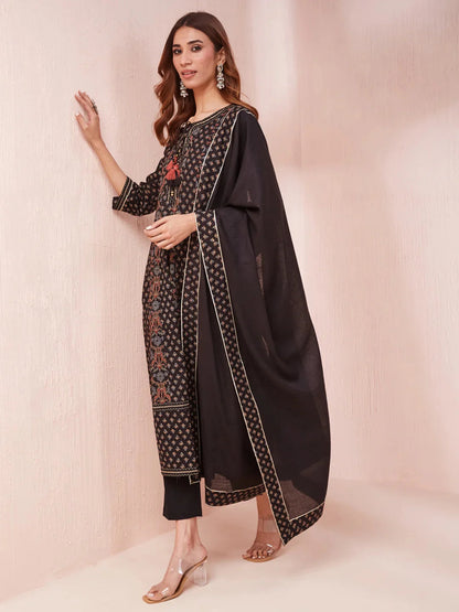 Black Ethnic Motifs Anarkali Kurta Trouser And Dupatta Set-Yufta Store-1955SKDBKS