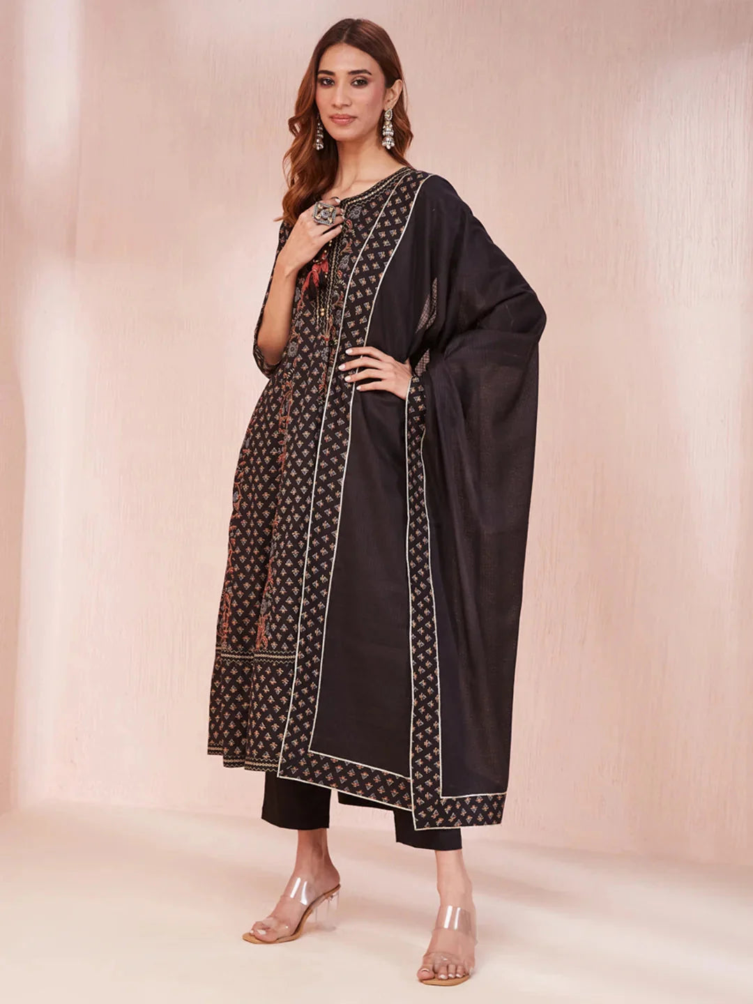 Black Ethnic Motifs Anarkali Kurta Trouser And Dupatta Set-Yufta Store-1955SKDBKS