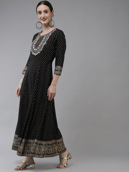 Black Ethnic Motifs Dress-Yufta Store-5802DRSBKS