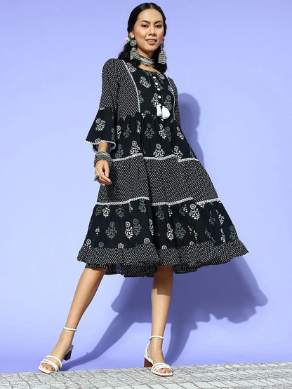 Black Ethnic Motifs Indie Gal Dress-Yufta Store-8107DRSBKXS