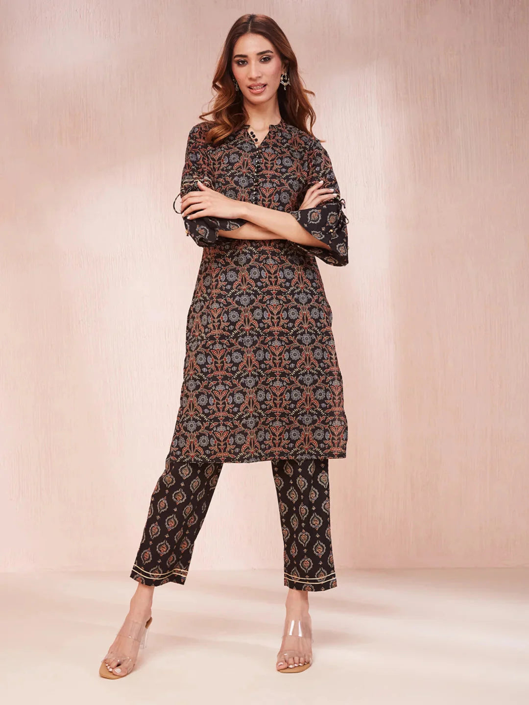 Black Ethnic Motifs Mandarin Collar Straight Kurta Trouser Set-Yufta Store-1956SETBKS