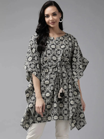 Black Ethnic Motifs Printed Kaftan-Yufta Store-9288KFTBKS