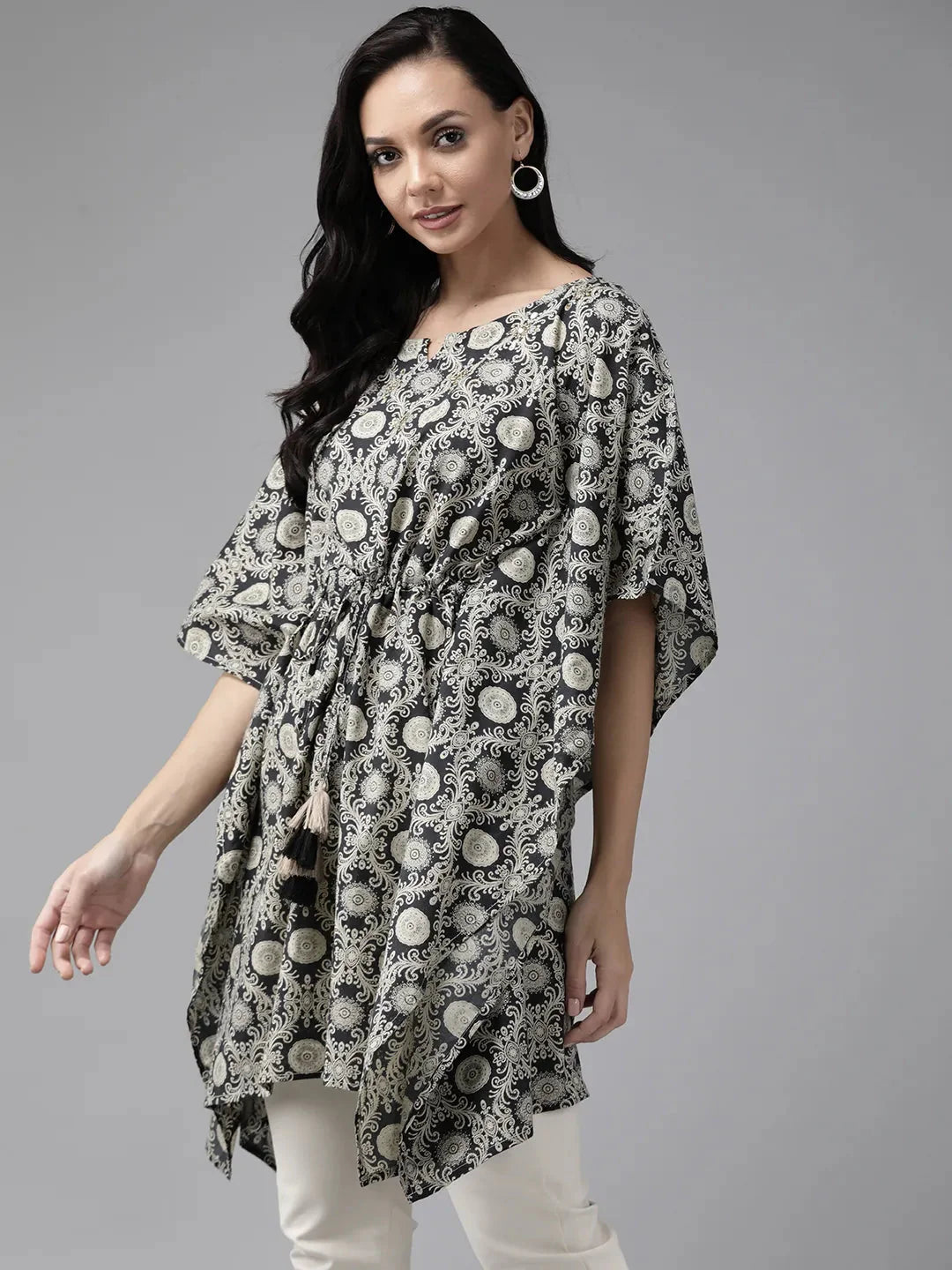 Black Ethnic Motifs Printed Kaftan-Yufta Store-9288KFTBKS