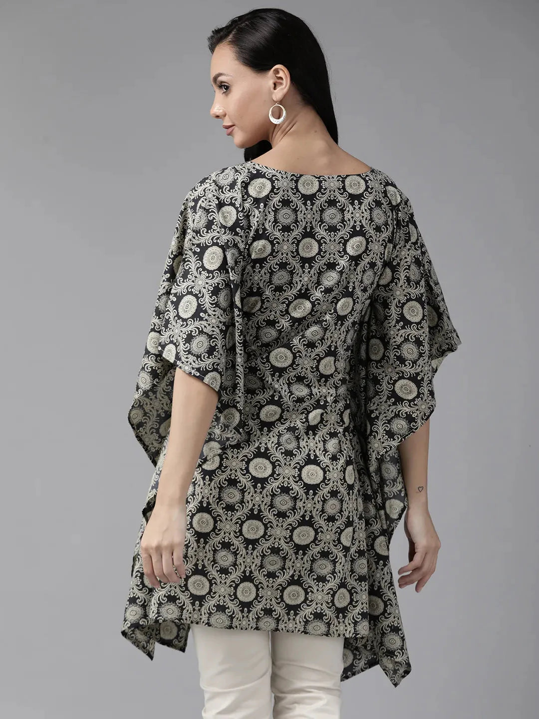 Black Ethnic Motifs Printed Kaftan-Yufta Store-9288KFTBKS