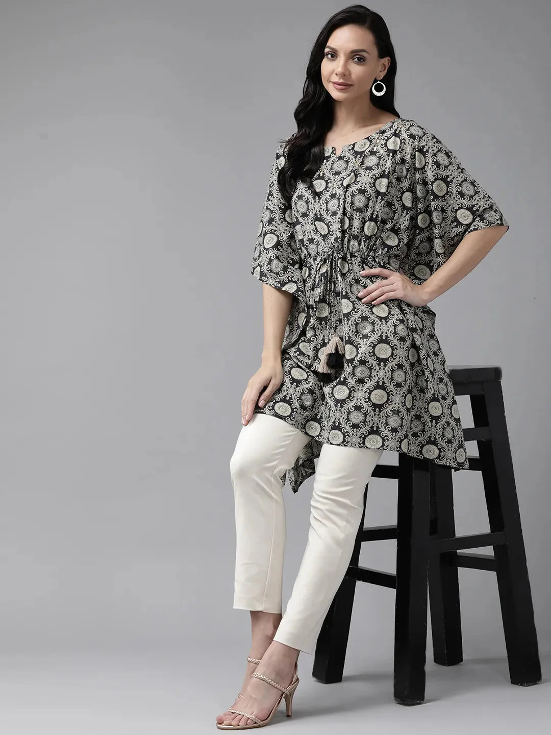 Black Ethnic Motifs Printed Kaftan-Yufta Store-9288KFTBKS