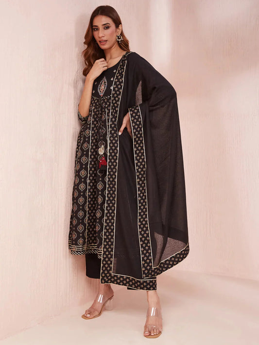 Black Ethnic Motifs Round Neck Anarkali Kurta Trouser Set-Yufta Store-1957SKDBKS