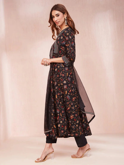 Black Floral Print Zari_Work Anarkali Kurta Trouser And Dupatta Set-Yufta Store-1440SKDBKS