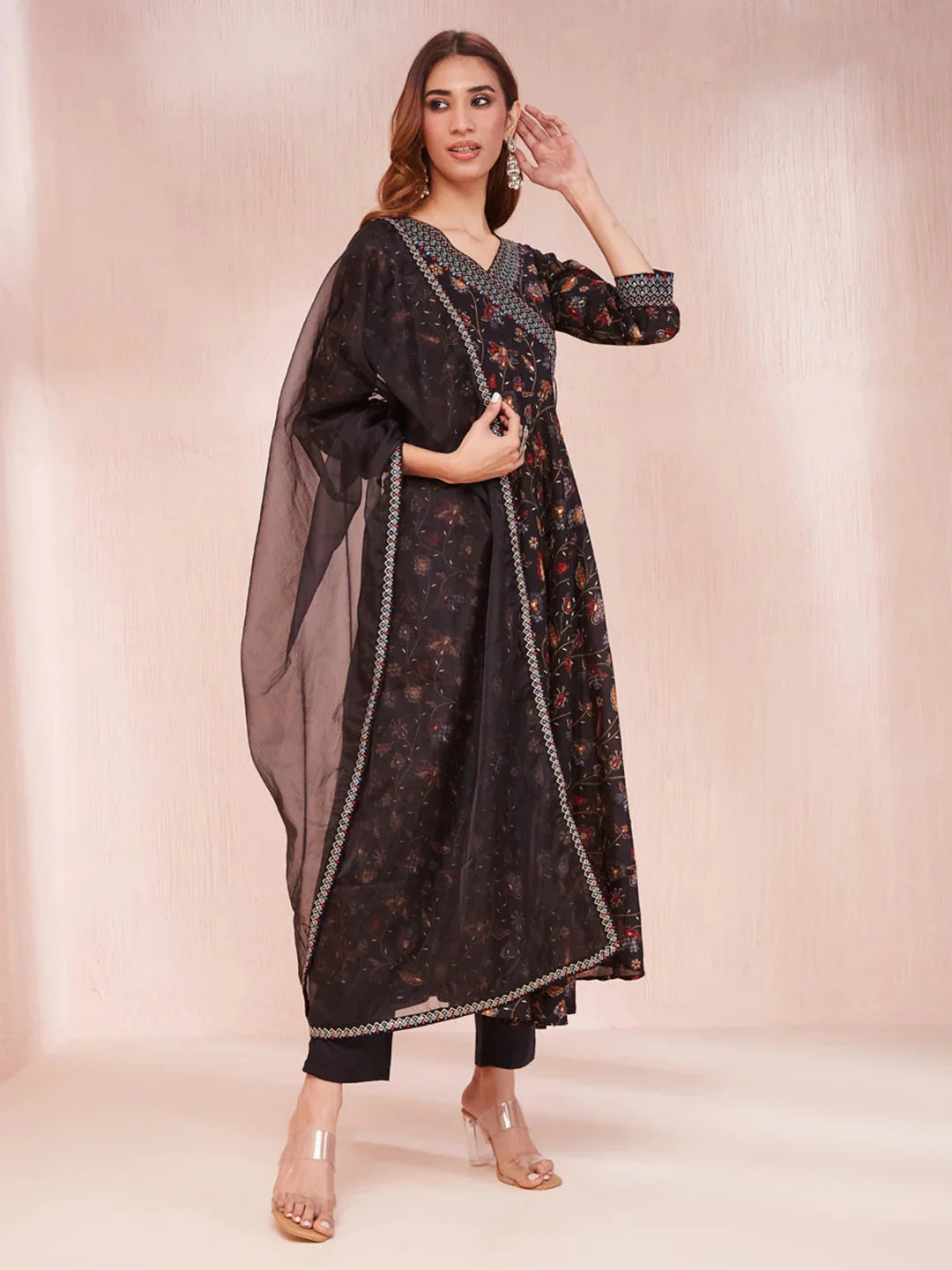 Black Floral Print Zari_Work Anarkali Kurta Trouser And Dupatta Set-Yufta Store-1440SKDBKS