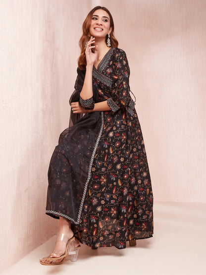 Black Floral Print Zari_Work Anarkali Kurta Trouser And Dupatta Set-Yufta Store-1440SKDBKS