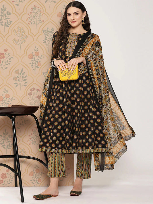 Black Floral Printed Regular Pure Cotton Kurta with Trousers & With Dupatta Set-Yufta Store-1423SKDBKS