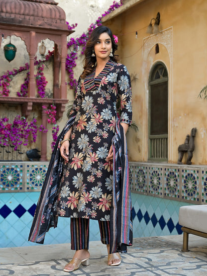 Black Floral print Kurta Trouser with Dupatta Set-Yufta Store-1533SKDBKS