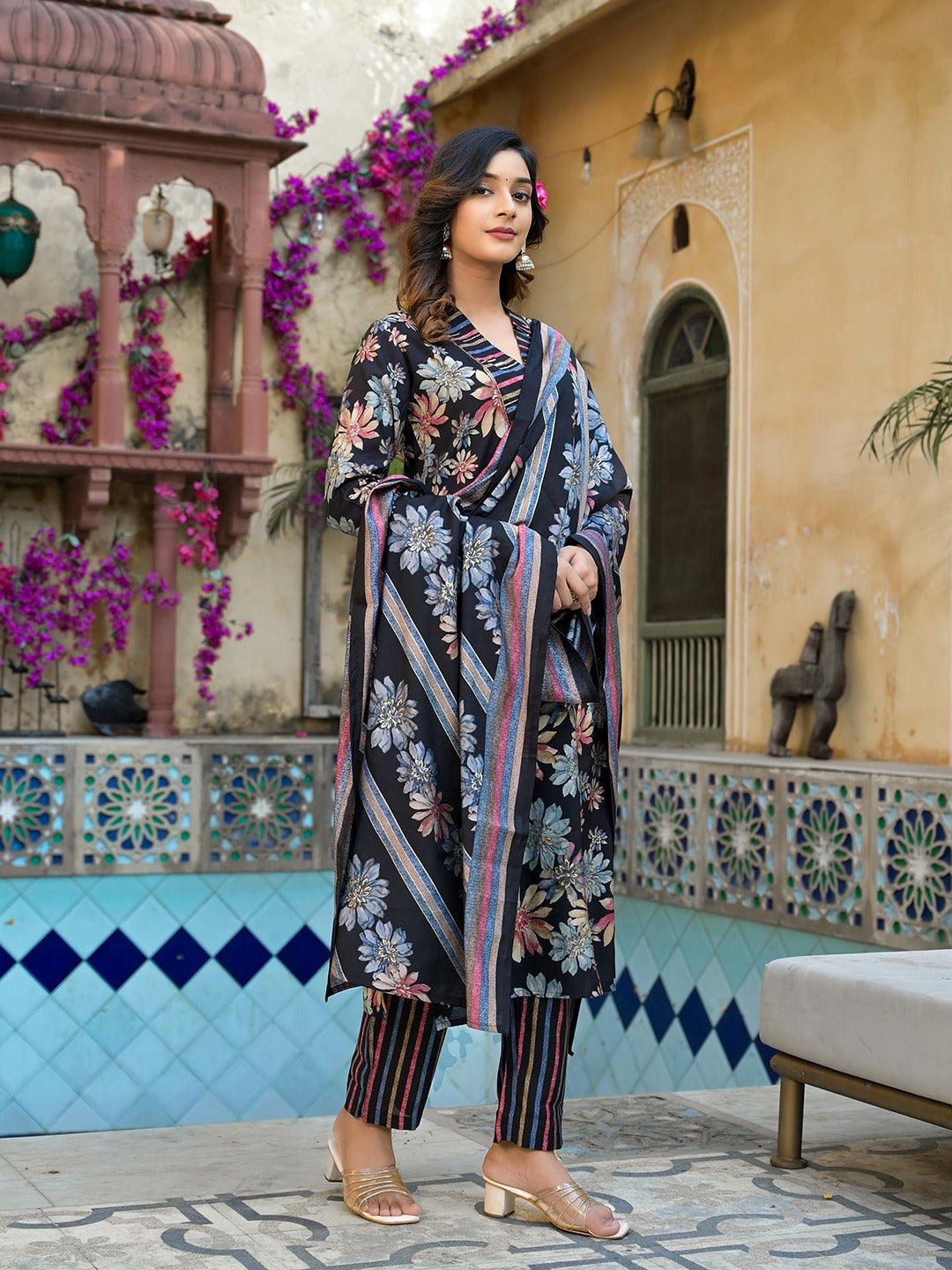 Black Floral print Kurta Trouser with Dupatta Set-Yufta Store-1533SKDBKS