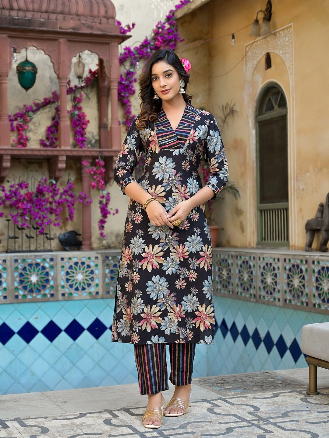 Black Floral print Kurta Trouser with Dupatta Set-Yufta Store-1533SKDBKS