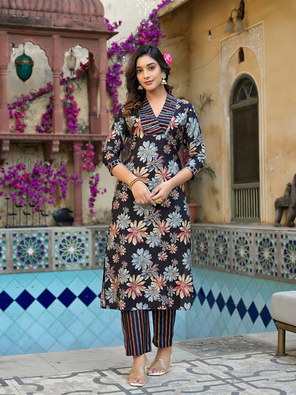 Black Floral print Kurta Trouser with Dupatta Set-Yufta Store-1533SKDBKS