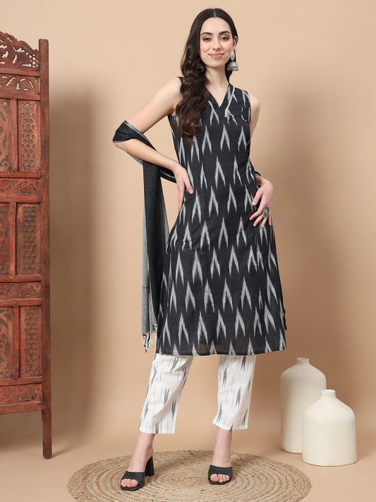 Black Ikat Print A-Line Kurta Palazzo And Dupatta Set-Yufta Store-1774SKDBKS