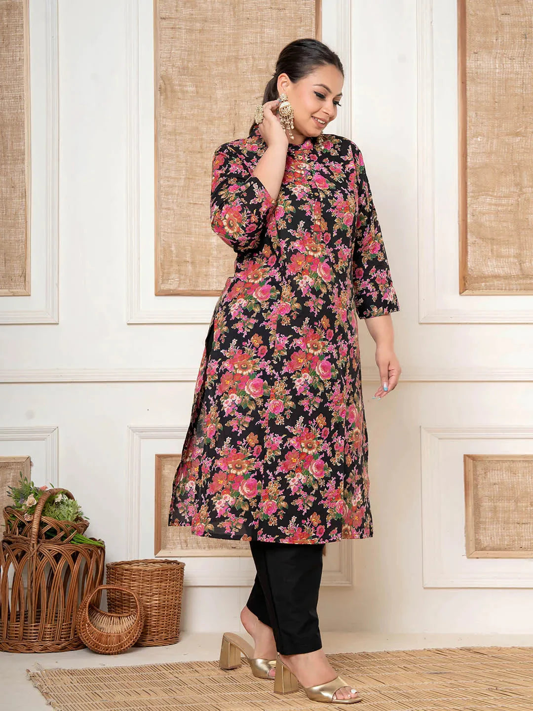 Black Kantha_Work Cotton Plus Size Kurta And Pant Set-Yufta Store-6819PSETBK3XL