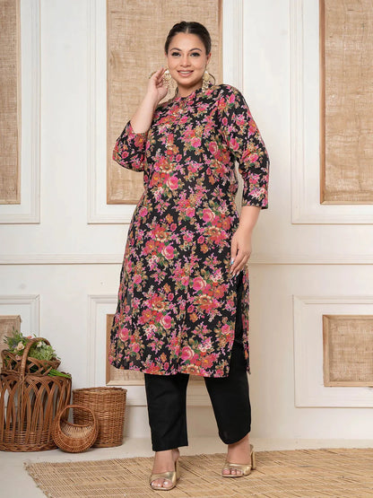 Black Kantha_Work Cotton Plus Size Kurta And Pant Set-Yufta Store-6819PSETBK3XL