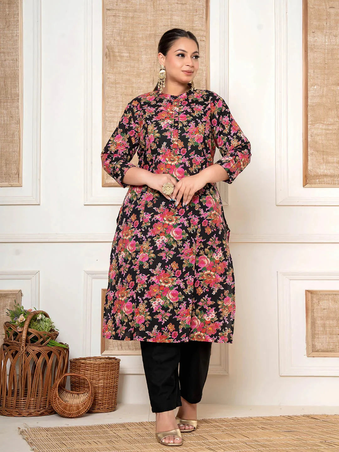 Black Kantha_Work Cotton Plus Size Kurta And Pant Set-Yufta Store-6819PSETBK3XL