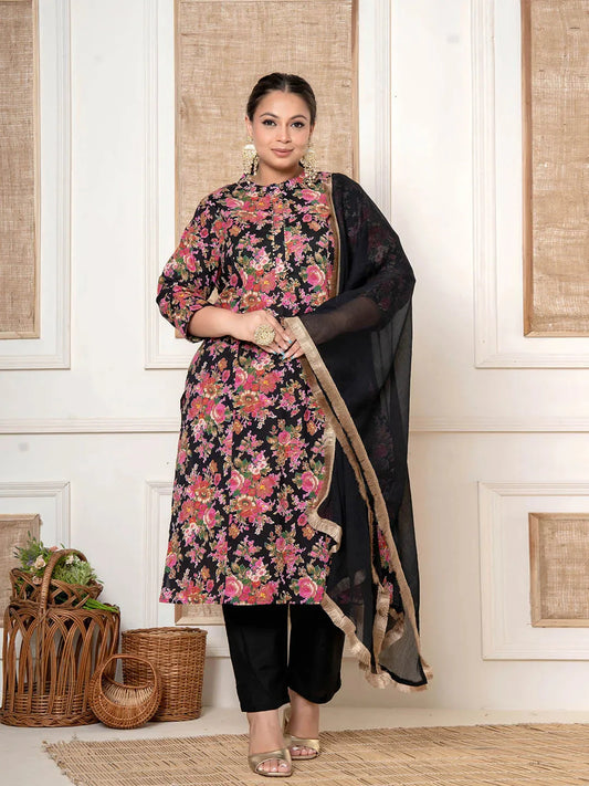 Black Kantha_Work Cotton Plus Size Kurta And Pant With Dupatta Set-Yufta Store-6819PSKDBK3XL