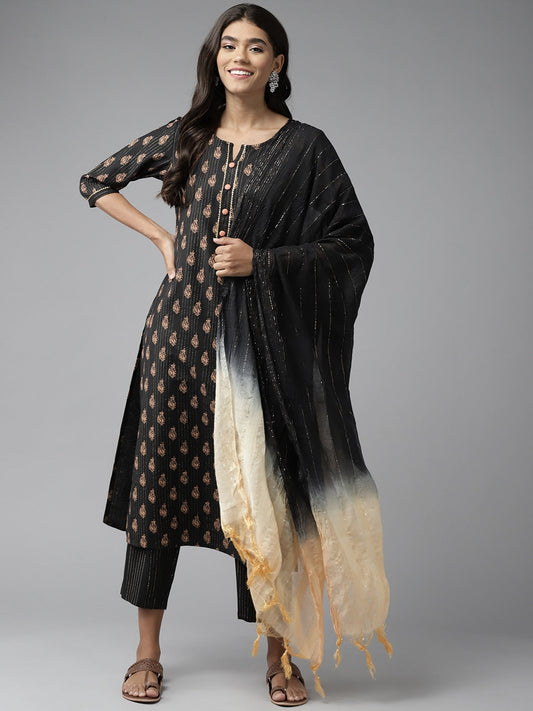 Black Printed Gotta Patti Dupatta Set-Yufta Store-9730SKDBKS