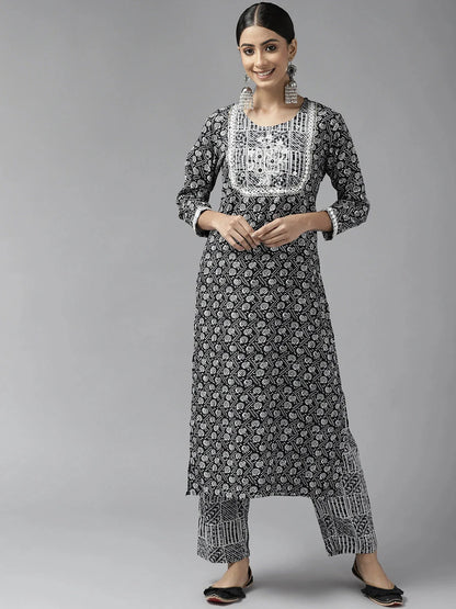 Black Printed Kurta Set-Yufta Store-9742SETBKS