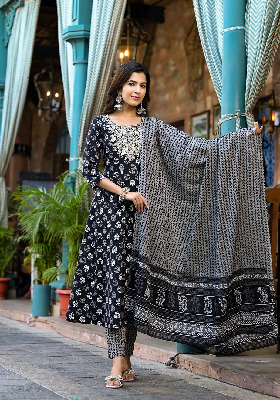 Black Pure Cotton Anarkali Dori_Embroidery Kurta Trouser With Dupatta Set-Yufta Store-1284SKDBKS